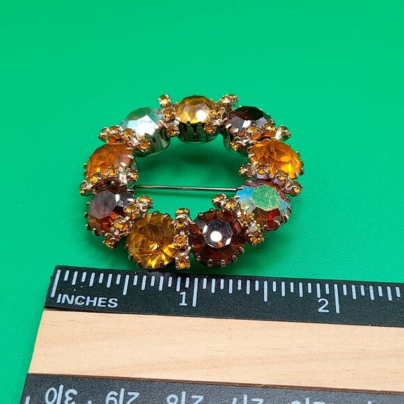Vintage Karu Arke Style Autumn Rhinestone Wreath Brooch Topaz AB 1.75\